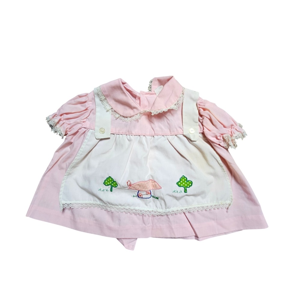 Vintage Mushroom Embroidered Lace Trim Apron Dress 3-6 Mos Cottage Pastelcore